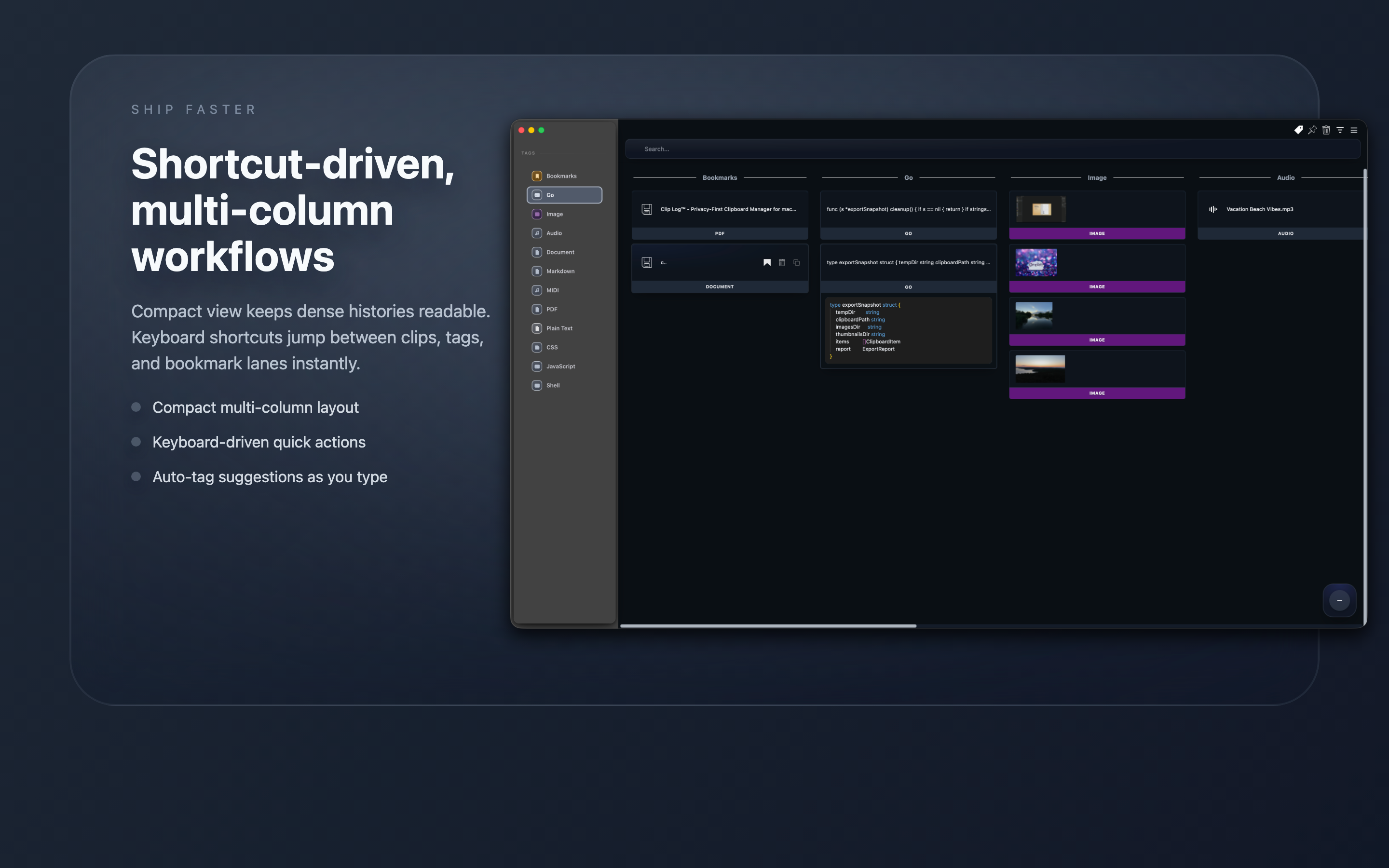 Clip Log™ multi-column desktop view