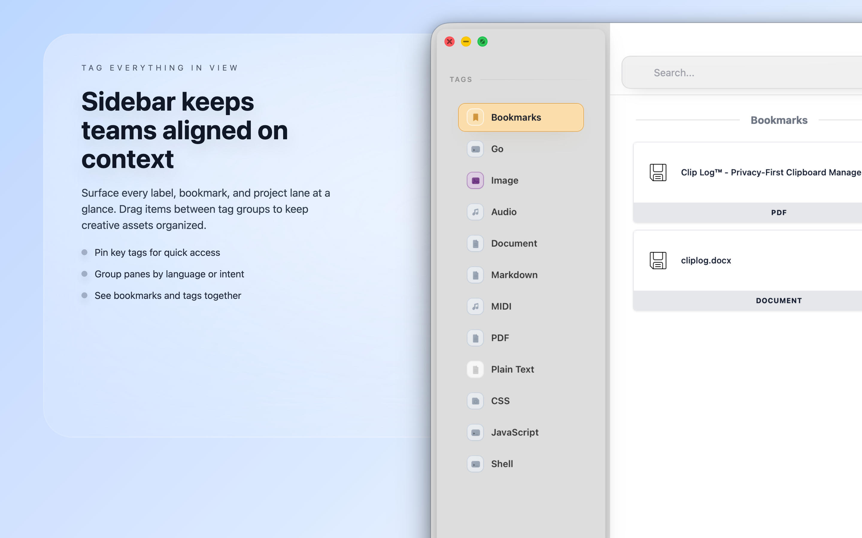 Clip Log™ tags view organization