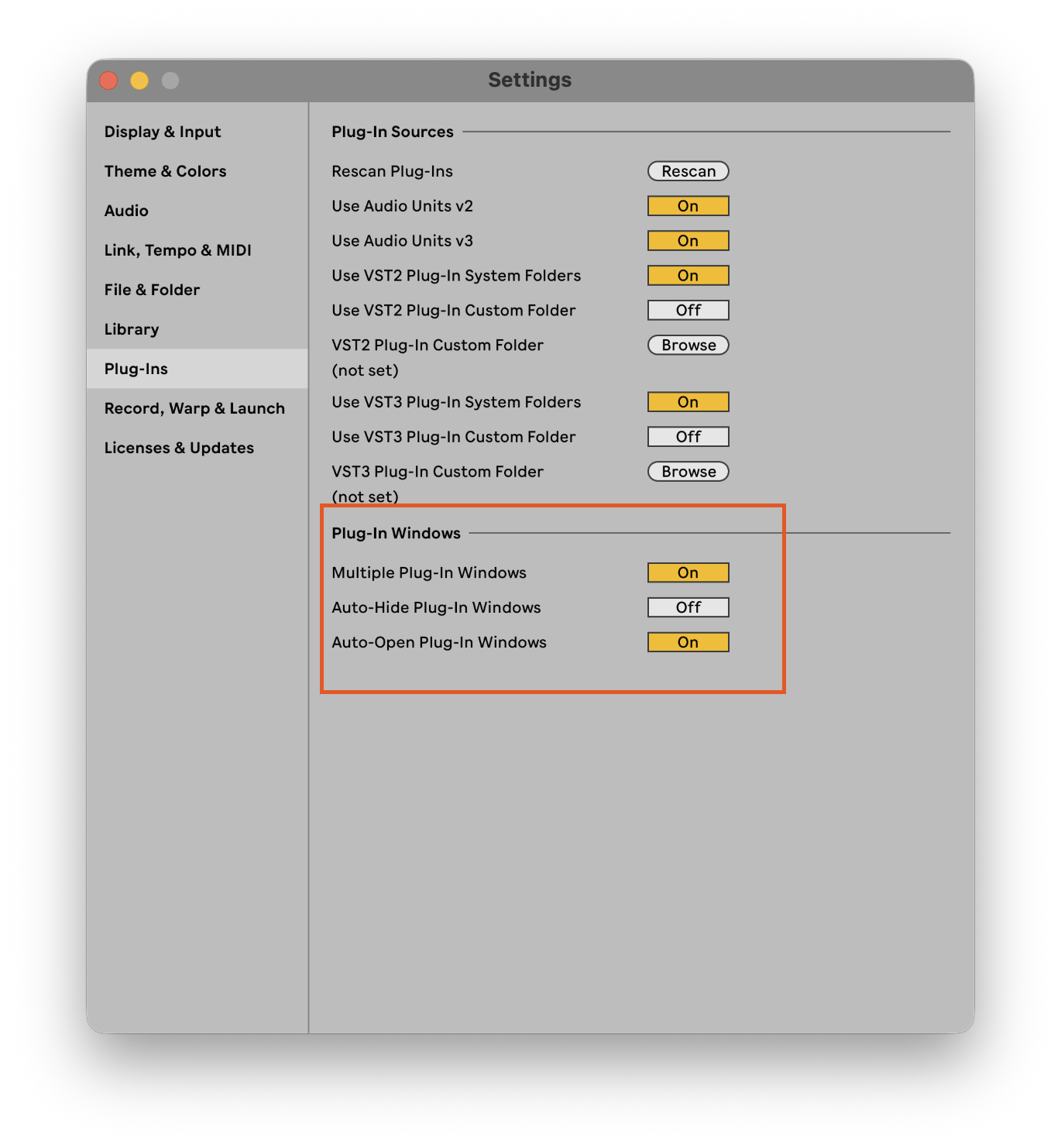 Ableton Live Plug-Ins settings with Multiple Plug-In Windows on and Auto-Hide Plug-In Windows off