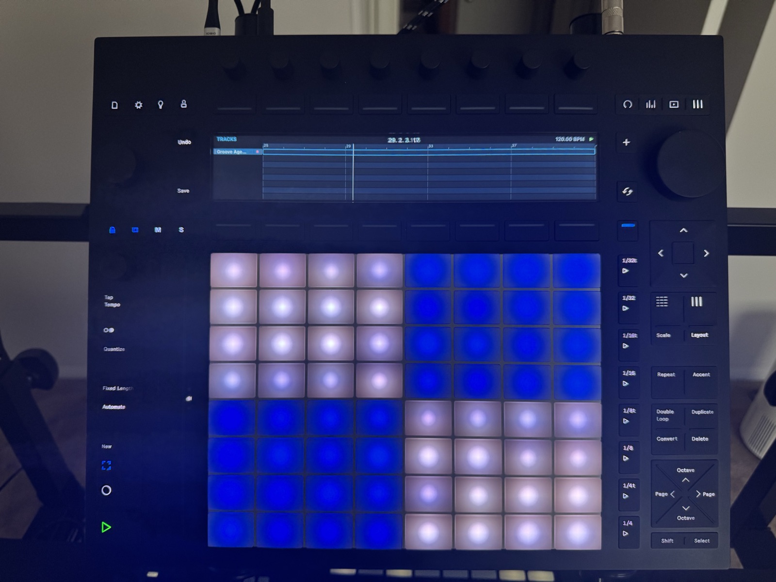 Push 3 display showing the RelayDock Tracks page with a Cubase track name, timeline, playhead and tempo
